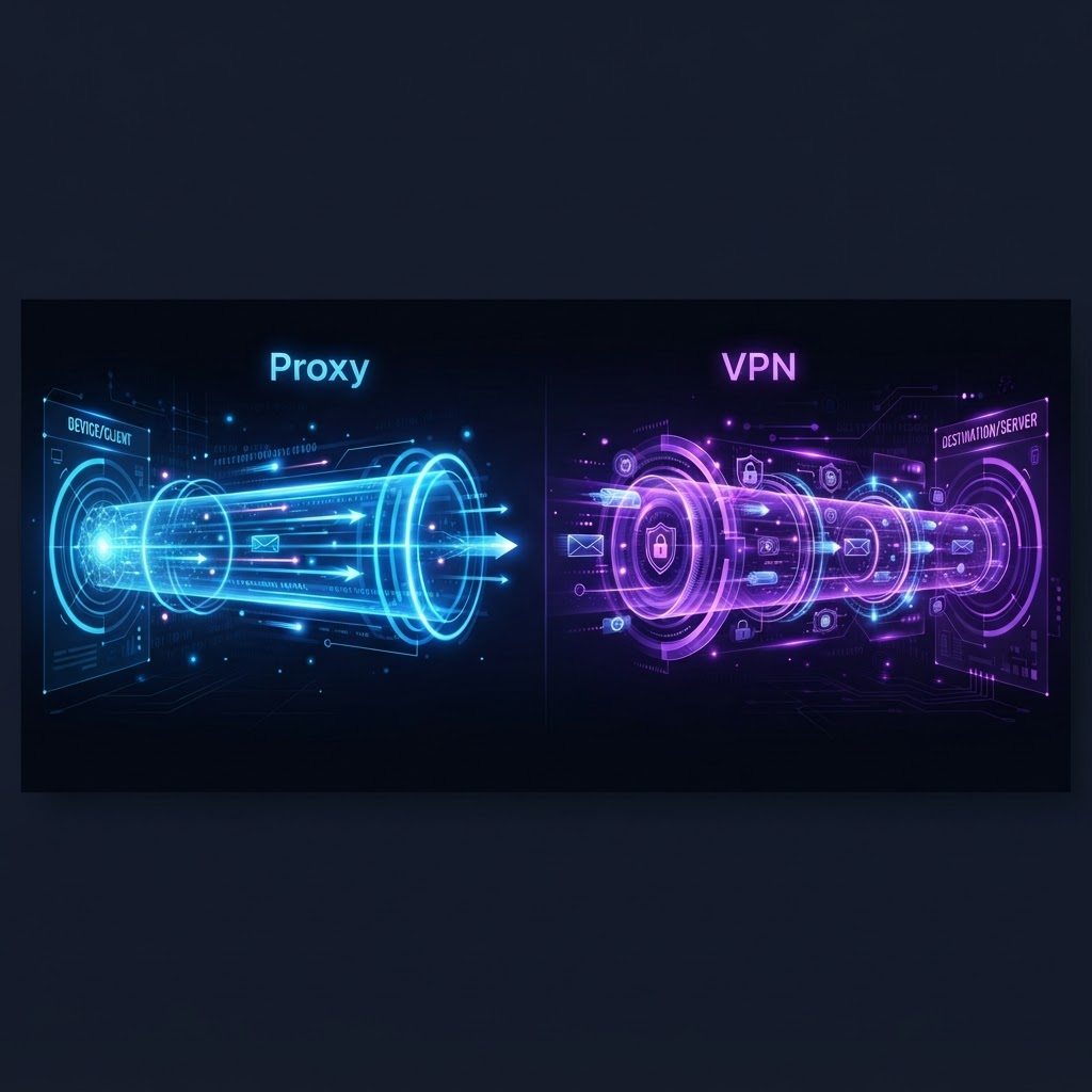 Два светящихся сетевых туннеля — сравнение прокси и VPN